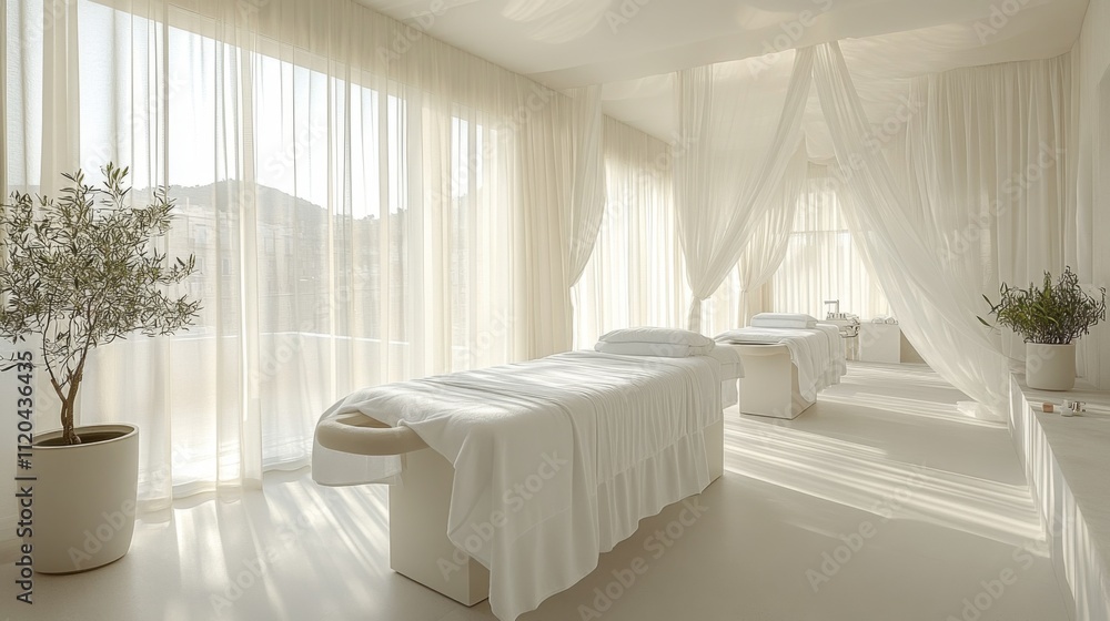 Poster soft curtains flutter in the gentle breeze as treatment beds await clients in a serene spa space. na