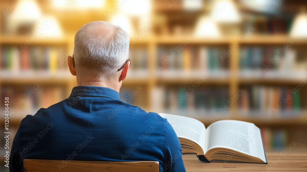 Poster man reading in library corner