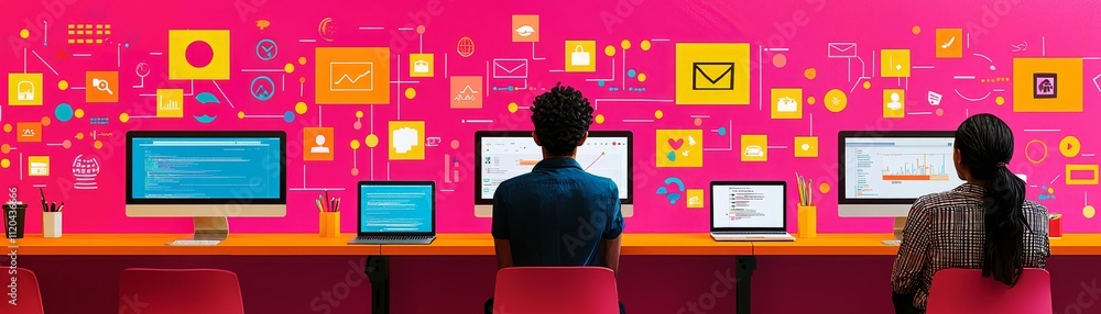 Aufkleber a vibrant workspace featuring two people working at computers in front of a colorful, tech-themed wa