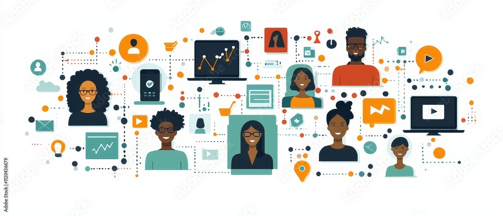 Aufkleber a colorful illustration depicting diverse individuals interacting with technology and digital elemen