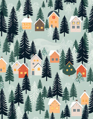 Obraz premium Trendy pattern made with houses and pine trees. Minimal winter nature concept, Dynamic motion