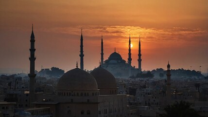 Majestic Mosque Silhouette at Sunset with Vibrant Orange Sky V1