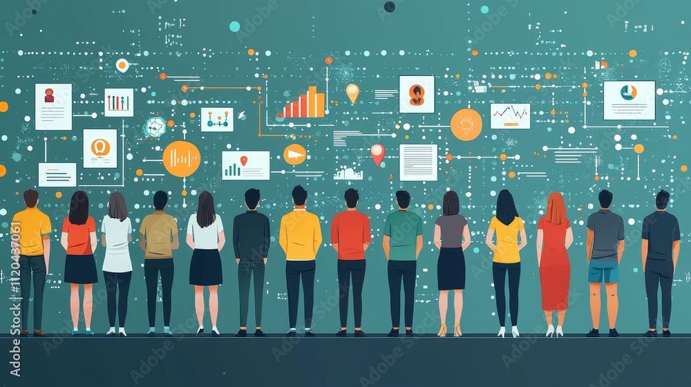 Poster a group of diverse people stands before a digital screen displaying various graphs, charts, and icon