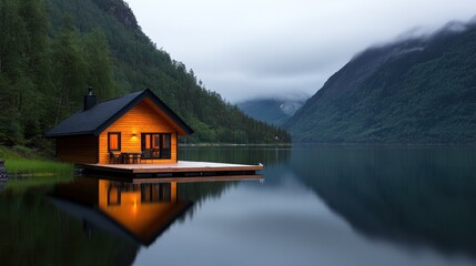 Fototapeta premium Serene lakeside cabin reflecting in calm waters at dusk.