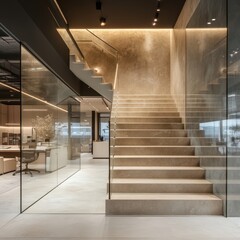 Obraz premium Minimalist Staircase Office Interior with Illuminated Glass Steps and Transparent Glass Wall
