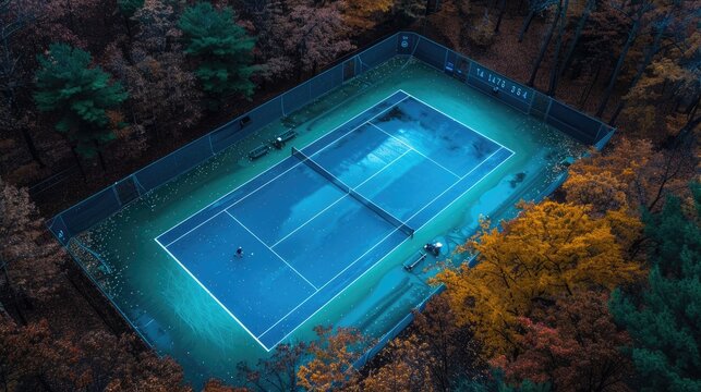 Dynamic tennis match on outdoor court surrounded by colorful autumn trees
