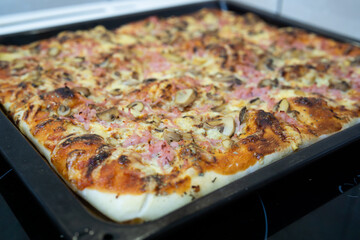 Homemade pizza in a baking sheet