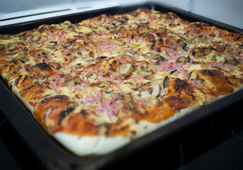 Homemade pizza in a baking sheet