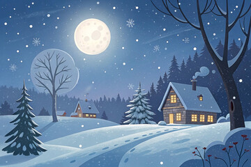 Fototapeta premium Snowy night scene with cabins, full moon, and snow-covered forest.