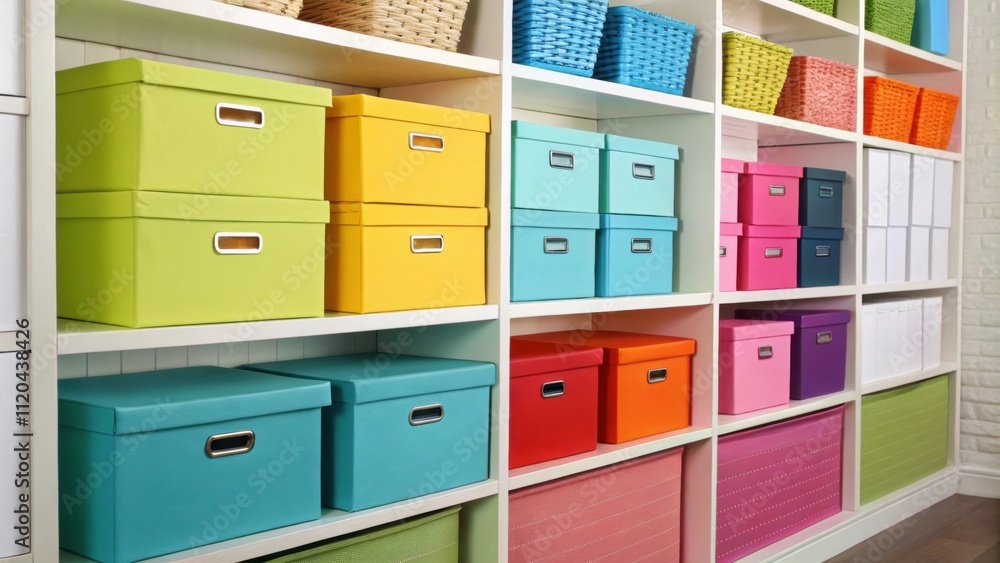 Poster colorful storage boxes made from recycled materials are neatly arranged on shelves adding a vibrant 