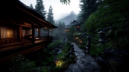 Serene Japanese Garden Path at Dusk, Misty Mountains in Background