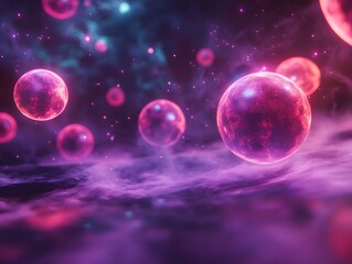 Abstract neon energy spheres floating in a virtual universe