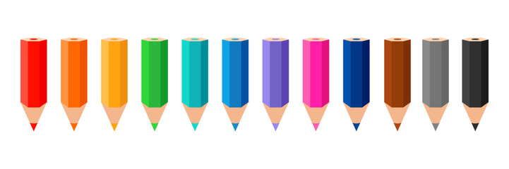 Colored pencil icons, color pencils, collection varicolored pencils, multicolored pencils. Vector illustration.