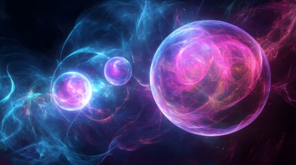 Abstract neon energy spheres floating in a virtual universe