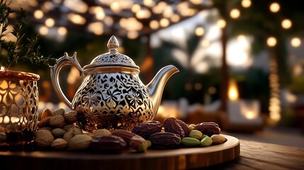Intricate Silver Teapot with Dates and Nuts at Dusk