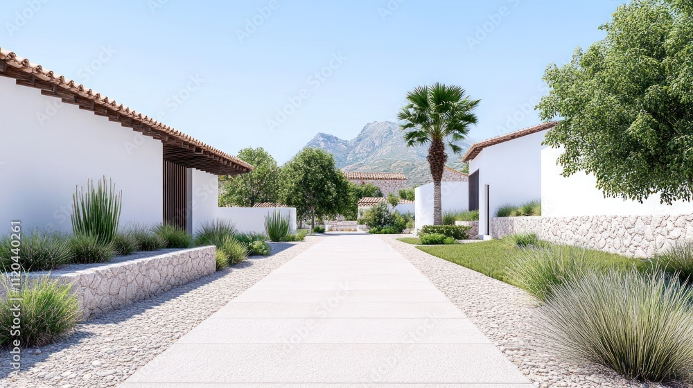Poster scenic pathway through modern architecture with mountain backdrop.