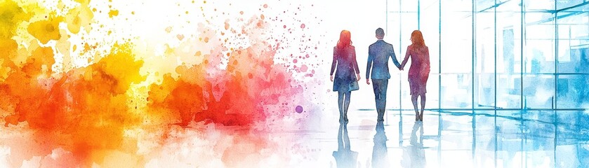 Fototapeta premium A vibrant scene depicting three figures in business attire walking together, surrounded by colorful splashes of paint, symbolizing creativity and collaboration.