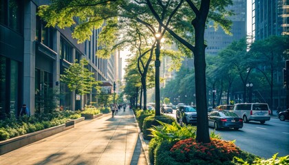 Obraz premium Morning City Scene with Green Trees, Sunlight, and Vibrant Life V3