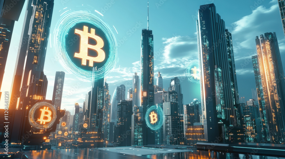 Poster a futuristic cityscape with holographic images of bitcoin symbols, surrounded by tall skyscrapers an