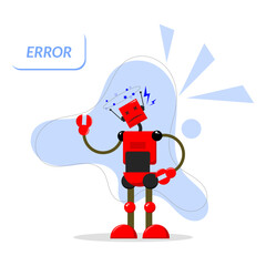 red robot. robot error, broken, disruption. system error. connection not connected. technology theme. network error. broken device. vector illustration. system problem. damage. robot character