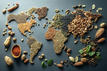 A world map made of various spices and nuts, representing global culinary diversity 