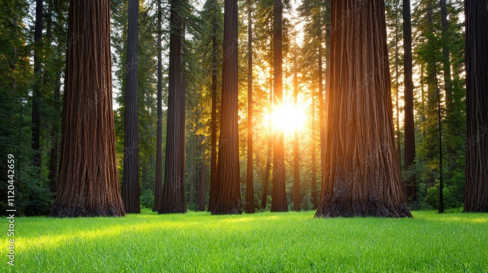 Aufkleber sunlight filters through towering trees in a serene forest setting.
