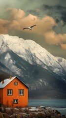 Fototapeta premium The photograph depicts an orange house in front of a mountain with snow.