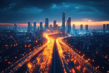 Fototapeta premium A vibrant city skyline at dusk, showcasing illuminated highways and modern skyscrapers.