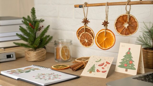 A charming workspace filled with handmade ornaments made from dried oranges and cinnamon sticks suspended from a decorative hanger. Each piece radiates warmth and nostalgia.