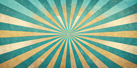 A vintage-style swirling sunburst background composed of teal blue, teal, and beige rays spiraling out in a retro pattern, a hypnotic and dynamic optical illusion, faded grungy texture