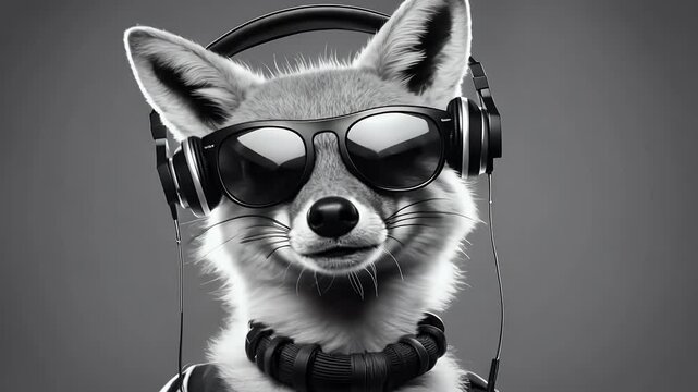 portrait fox adphones animal happy poster smiling sunglasses looking music funny club cute camera zoo monochrome fashionable dj friendly 