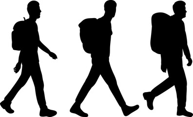 men with backpacks walking silhouette on white background, vector