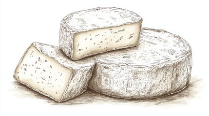 A hand-drawn vector illustration of rustic cheese wheels stacked with detailed textures, ideal for artisanal food branding.
