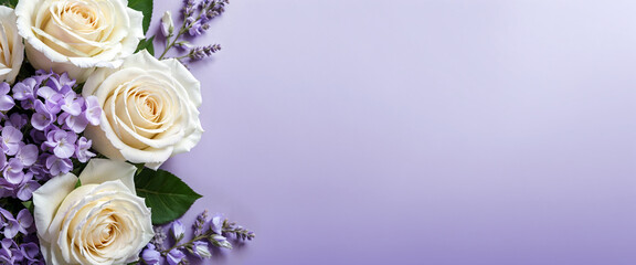 Elegant White Rose Bouquet with Lavender Flowers. Top view of a luxurious white rose bouquet accented with lavender flowers and greenery on a pastel purple background.