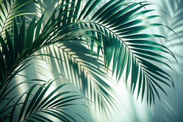 Lush green palm leaves cast shadows on a light wall.