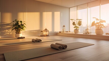 A photo of a serene yoga studio with soft lighting