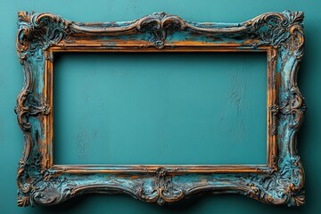 Ornate vintage picture frame against a teal wall, emphasizing artistic design and decor.