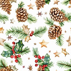 Fototapeta premium Seamless watercolor pattern of pine cones, red berries, and spruce branches on a white backdrop, evoking a cozy winter atmosphere.