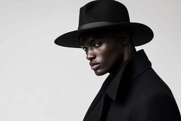 A minimalist fashion photograph of an elegant man wearing a black coat and hat. The design is sleek, with clean lines and a monochromatic color scheme