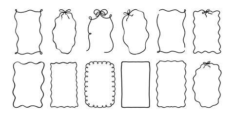 Vintage wavy hand drawn coquette frames. Vector illustration of squiggle borders with bows in whimsical French retro style for birthday banner, Christmas menu or wedding invitation