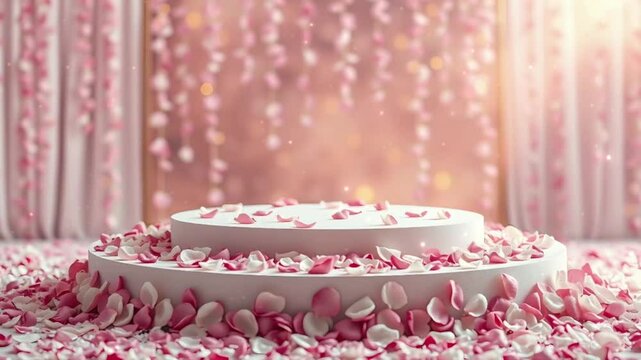 White round podium decorated with pink and white rose petals on a blurred background with rose petals hanging and bokeh lights, creating a romantic and elegant atmosphere for product presentation.