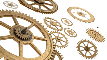 Floating clockwork gears, brass texture, transparent background