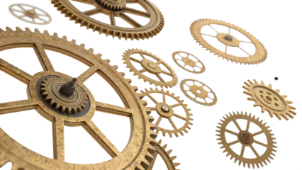 Floating clockwork gears, brass texture, transparent background