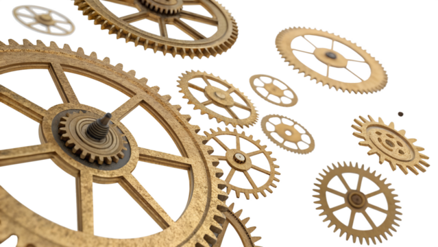 Floating clockwork gears, brass texture, transparent background