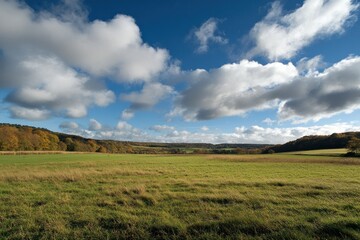 Scenic countryside field with a blue sky and scattered white clouds