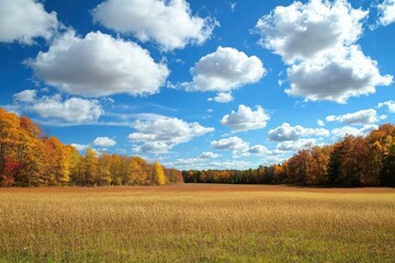 Fototapeta premium Golden autumn field under a vibrant blue sky with fluffy white clouds