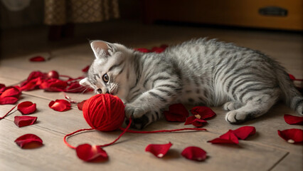 Playful gray tabby kitten lying on a cozy surface surrounded by red rose petals and a red ball of yarn. A charming Valentine's Day scene symbolizing love, innocence, and warmth in a homely atmosphere.