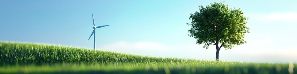 Fototapeta premium Single tree and wind turbine in a grassy landscape under a blue sky, representing green energy and harmony with nature