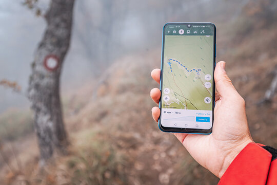 29 October 2024, Pluzine, Montenegro: Hand holding smartphone displaying Organic Maps application for navigation in foggy forest, ensuring safe and efficient trekking