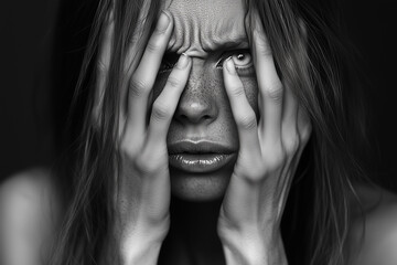 Girl holding her palms on her face, headache, anxiety